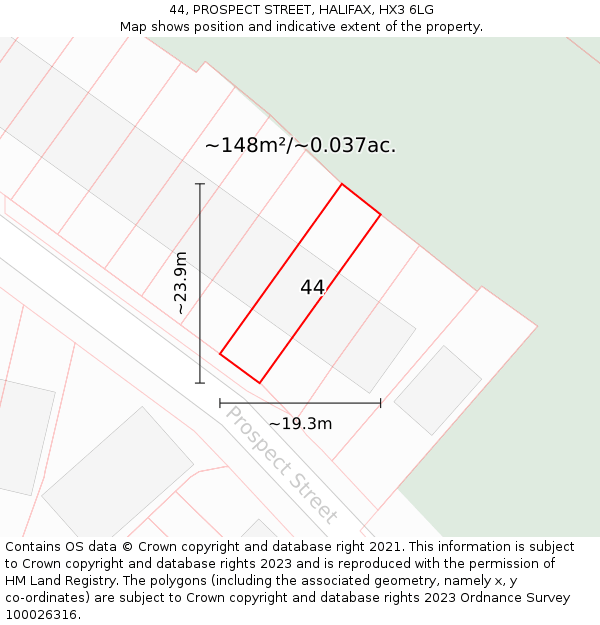 44, PROSPECT STREET, HALIFAX, HX3 6LG: Plot and title map