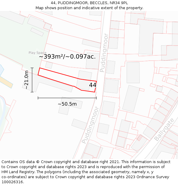 44, PUDDINGMOOR, BECCLES, NR34 9PL: Plot and title map