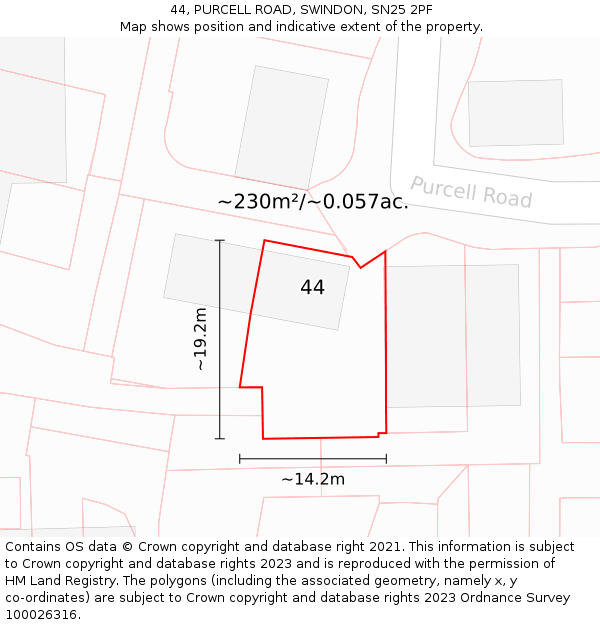 44, PURCELL ROAD, SWINDON, SN25 2PF: Plot and title map