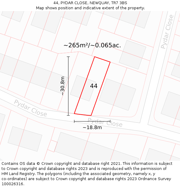 44, PYDAR CLOSE, NEWQUAY, TR7 3BS: Plot and title map