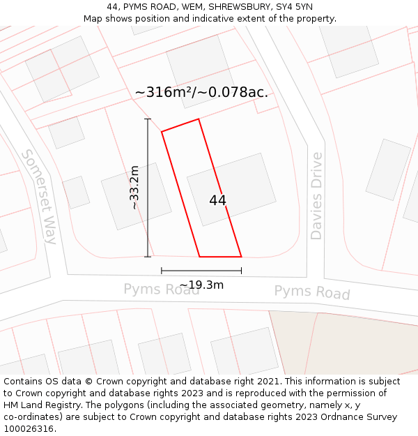 44, PYMS ROAD, WEM, SHREWSBURY, SY4 5YN: Plot and title map
