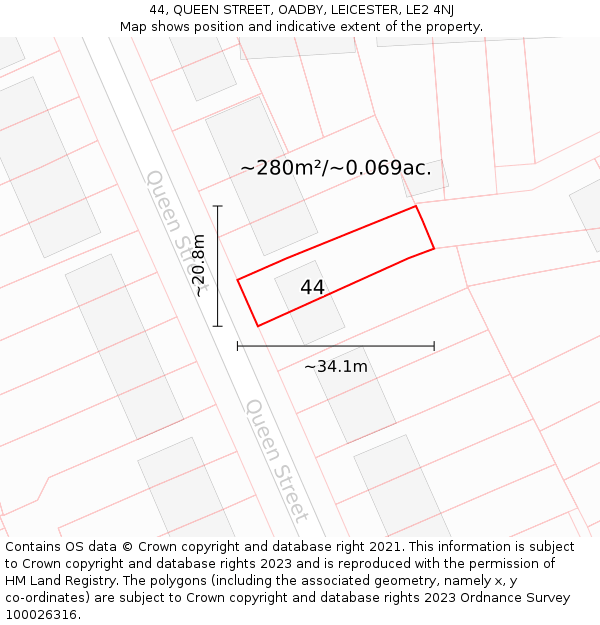44, QUEEN STREET, OADBY, LEICESTER, LE2 4NJ: Plot and title map