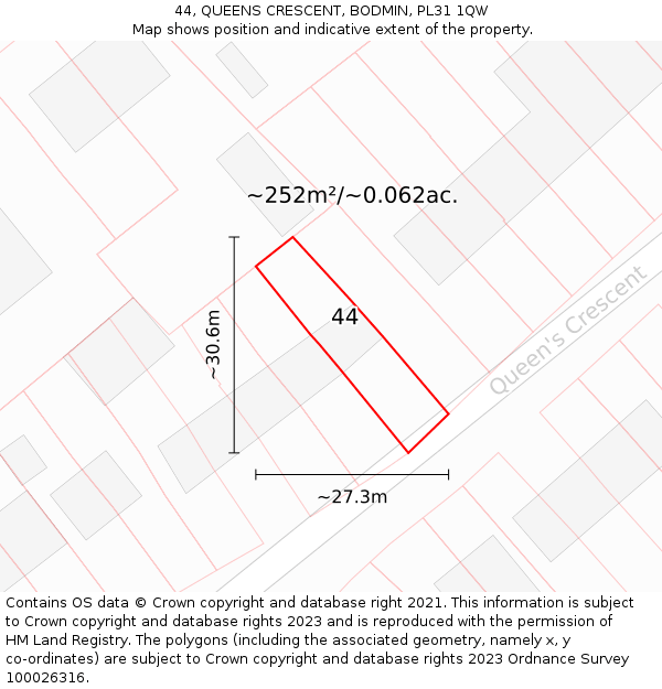 44, QUEENS CRESCENT, BODMIN, PL31 1QW: Plot and title map