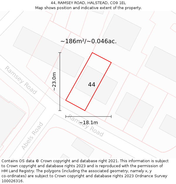 44, RAMSEY ROAD, HALSTEAD, CO9 1EL: Plot and title map