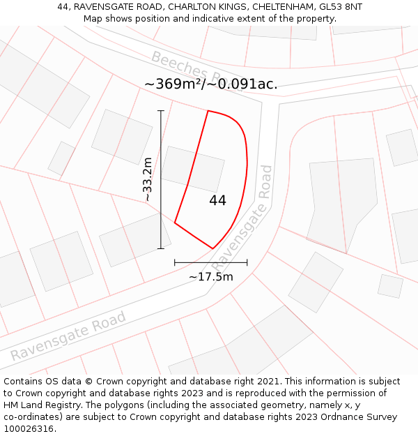 44, RAVENSGATE ROAD, CHARLTON KINGS, CHELTENHAM, GL53 8NT: Plot and title map