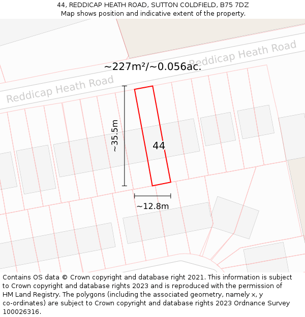 44, REDDICAP HEATH ROAD, SUTTON COLDFIELD, B75 7DZ: Plot and title map