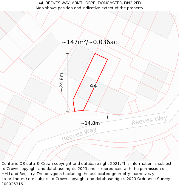 44, REEVES WAY, ARMTHORPE, DONCASTER, DN3 2FD: Plot and title map