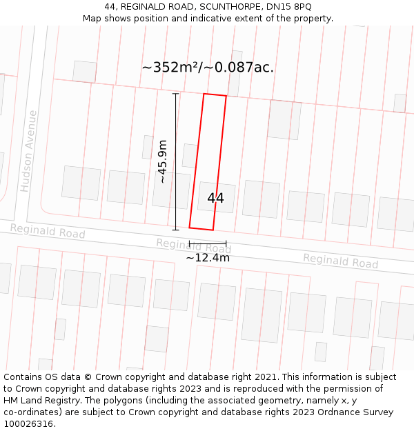 44, REGINALD ROAD, SCUNTHORPE, DN15 8PQ: Plot and title map