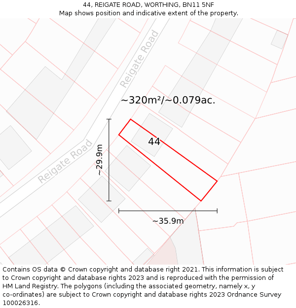 44, REIGATE ROAD, WORTHING, BN11 5NF: Plot and title map