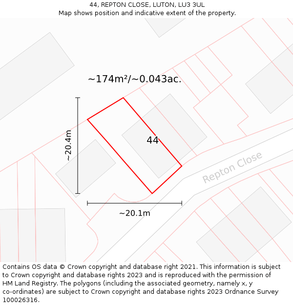 44, REPTON CLOSE, LUTON, LU3 3UL: Plot and title map