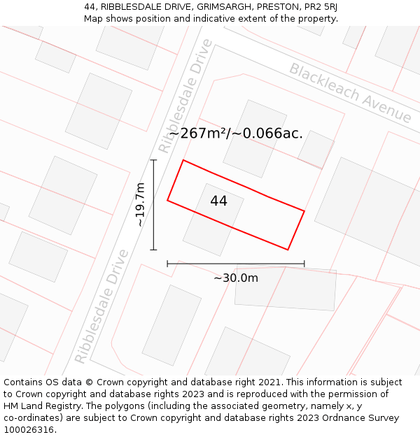 44, RIBBLESDALE DRIVE, GRIMSARGH, PRESTON, PR2 5RJ: Plot and title map