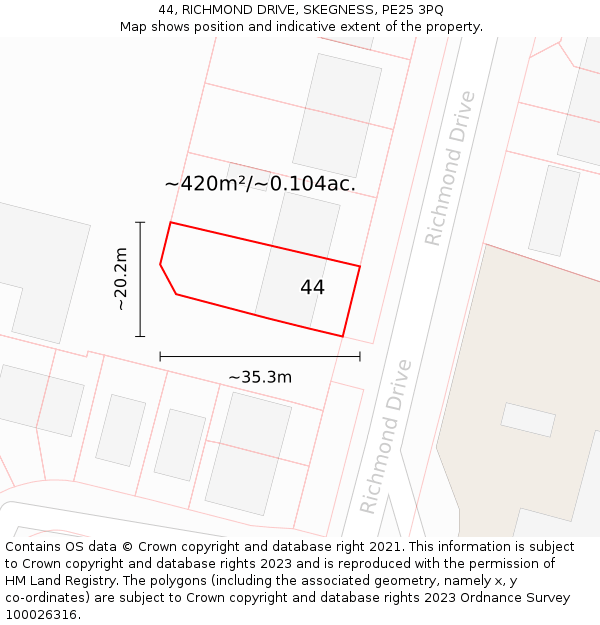 44, RICHMOND DRIVE, SKEGNESS, PE25 3PQ: Plot and title map