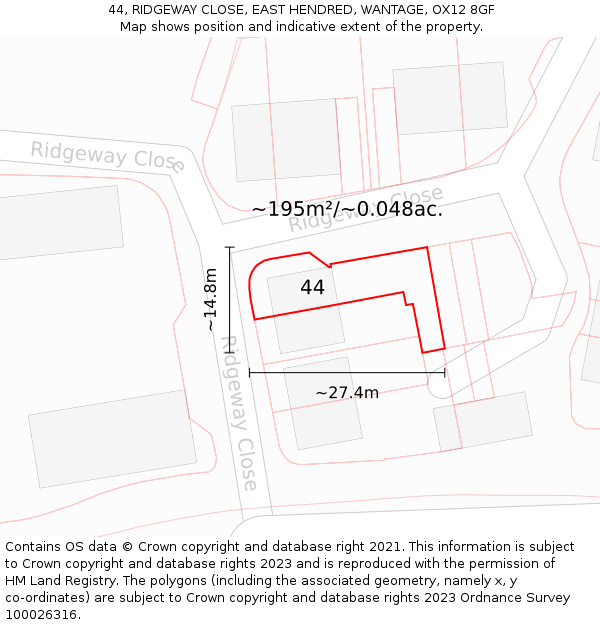 44, RIDGEWAY CLOSE, EAST HENDRED, WANTAGE, OX12 8GF: Plot and title map