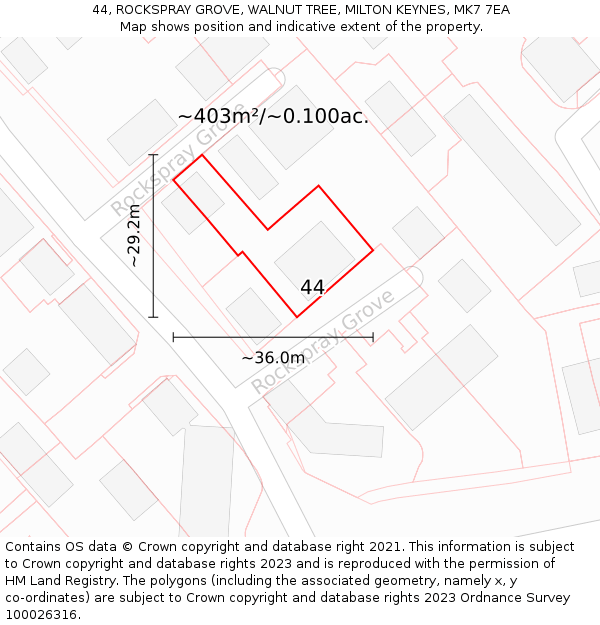 44, ROCKSPRAY GROVE, WALNUT TREE, MILTON KEYNES, MK7 7EA: Plot and title map