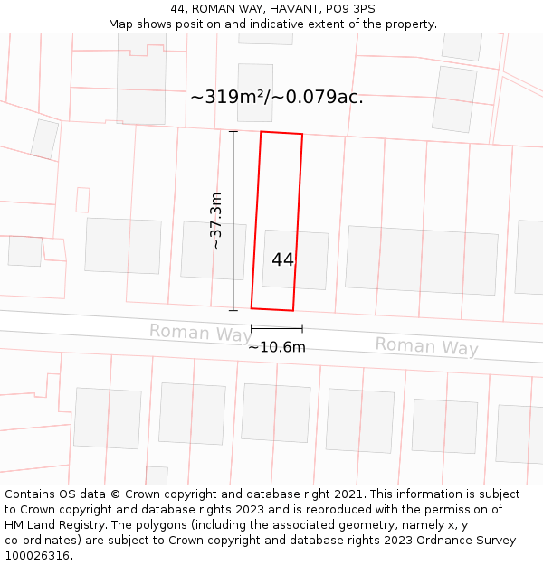 44, ROMAN WAY, HAVANT, PO9 3PS: Plot and title map
