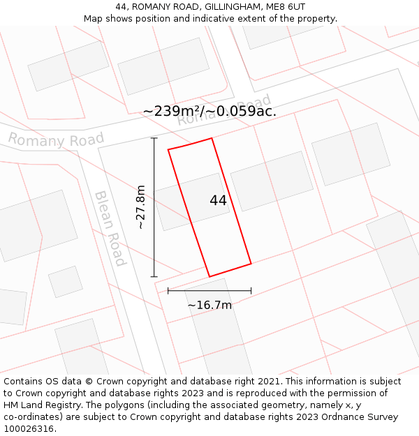 44, ROMANY ROAD, GILLINGHAM, ME8 6UT: Plot and title map