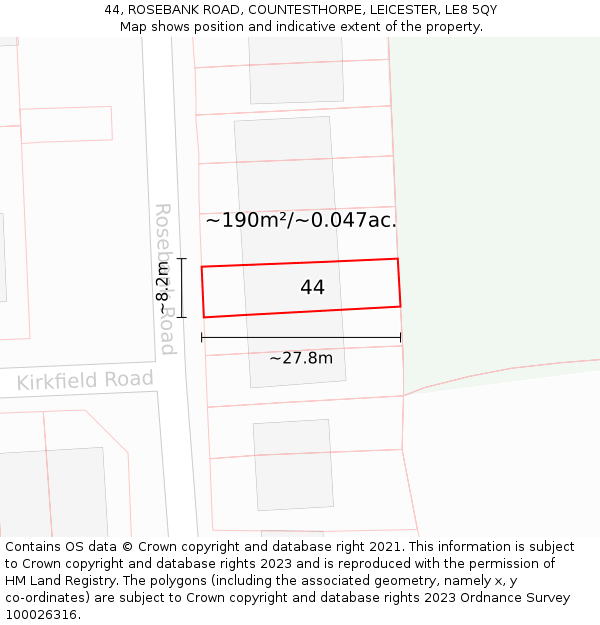 44, ROSEBANK ROAD, COUNTESTHORPE, LEICESTER, LE8 5QY: Plot and title map