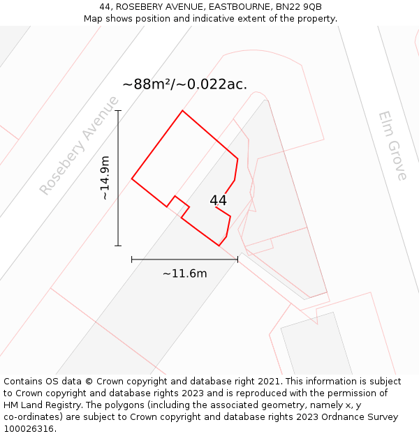 44, ROSEBERY AVENUE, EASTBOURNE, BN22 9QB: Plot and title map