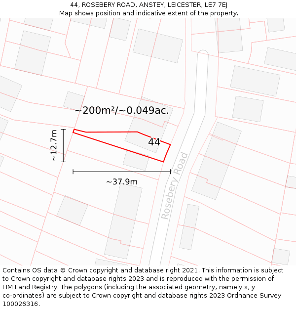 44, ROSEBERY ROAD, ANSTEY, LEICESTER, LE7 7EJ: Plot and title map