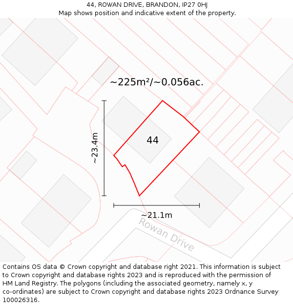 44, ROWAN DRIVE, BRANDON, IP27 0HJ: Plot and title map