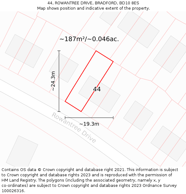 44, ROWANTREE DRIVE, BRADFORD, BD10 8ES: Plot and title map