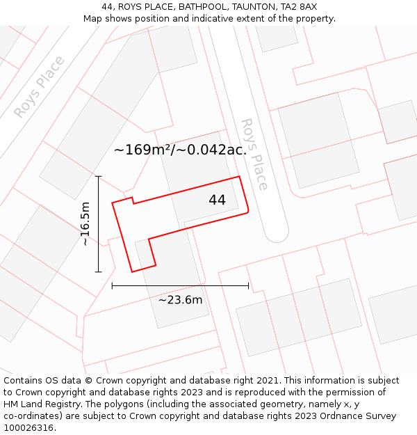 44, ROYS PLACE, BATHPOOL, TAUNTON, TA2 8AX: Plot and title map