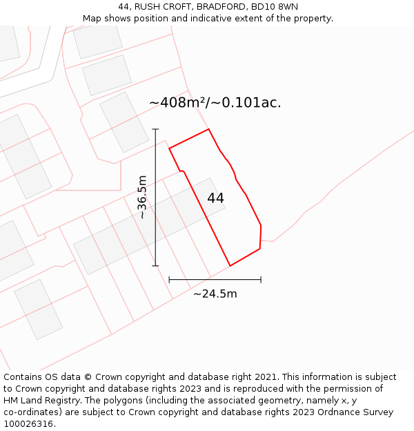 44, RUSH CROFT, BRADFORD, BD10 8WN: Plot and title map