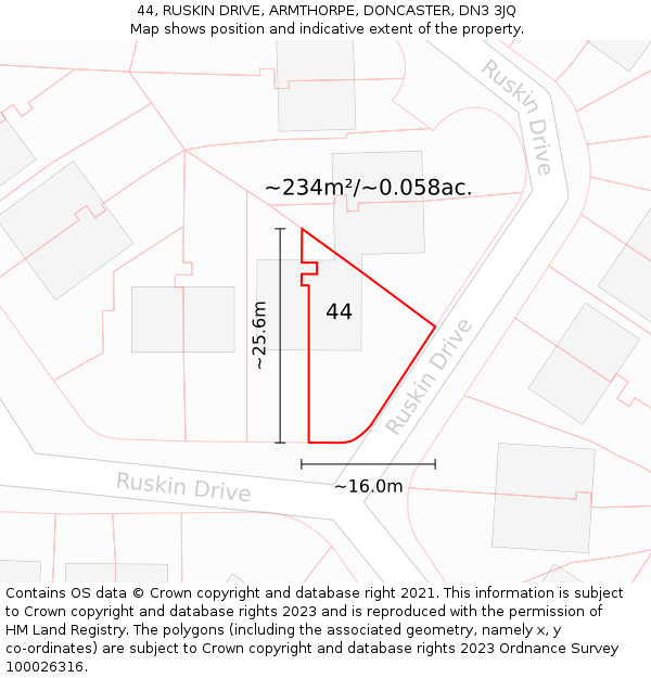 44, RUSKIN DRIVE, ARMTHORPE, DONCASTER, DN3 3JQ: Plot and title map