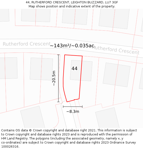 44, RUTHERFORD CRESCENT, LEIGHTON BUZZARD, LU7 3GF: Plot and title map