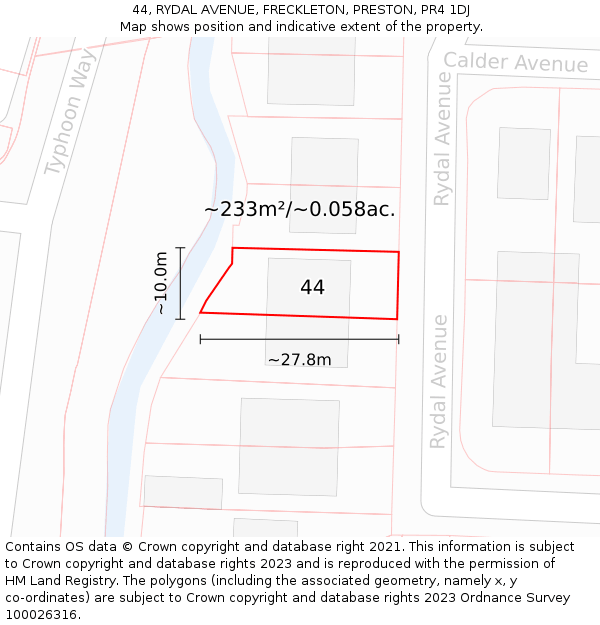 44, RYDAL AVENUE, FRECKLETON, PRESTON, PR4 1DJ: Plot and title map