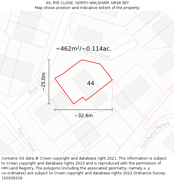 44, RYE CLOSE, NORTH WALSHAM, NR28 9EY: Plot and title map