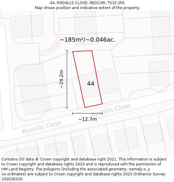 44, RYEHILLS CLOSE, REDCAR, TS10 2FA: Plot and title map