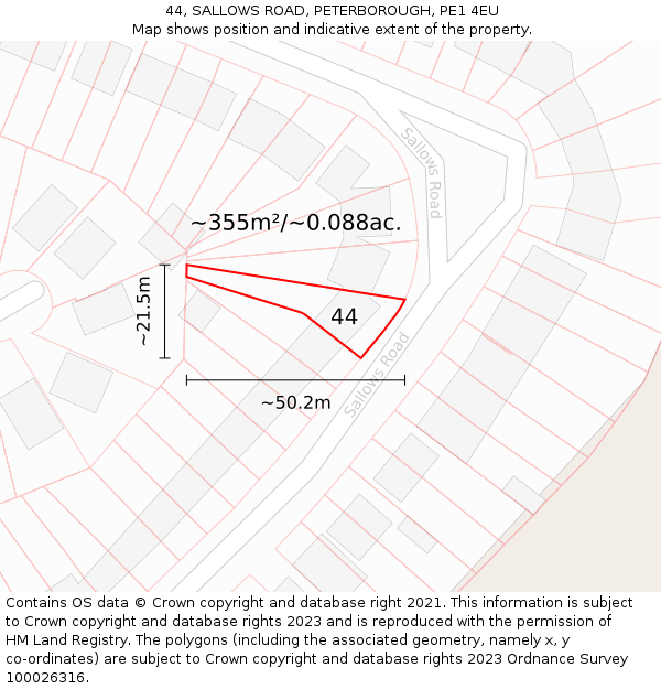 44, SALLOWS ROAD, PETERBOROUGH, PE1 4EU: Plot and title map