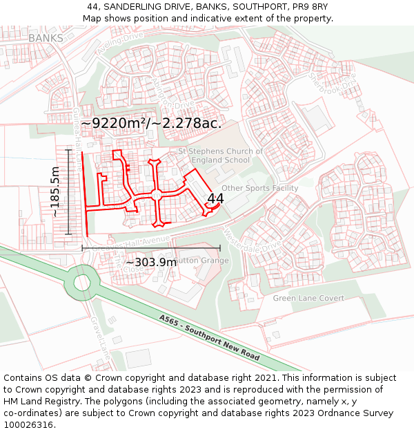 44, SANDERLING DRIVE, BANKS, SOUTHPORT, PR9 8RY: Plot and title map