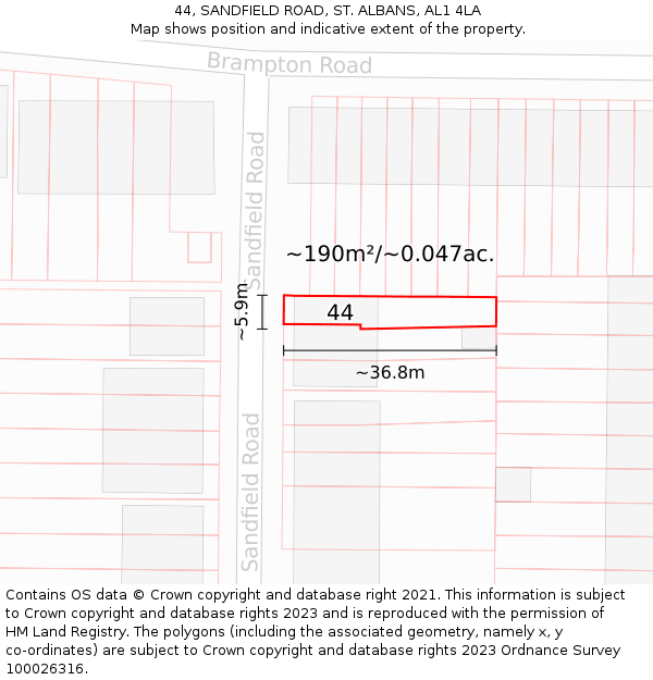 44, SANDFIELD ROAD, ST. ALBANS, AL1 4LA: Plot and title map