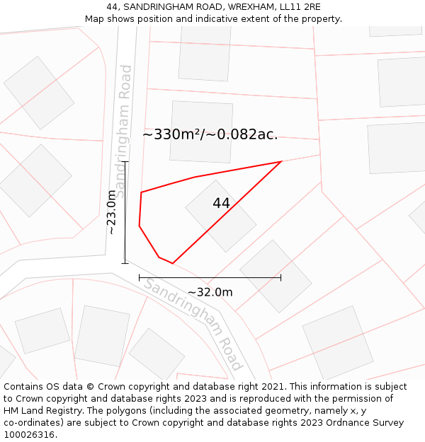 44, SANDRINGHAM ROAD, WREXHAM, LL11 2RE: Plot and title map