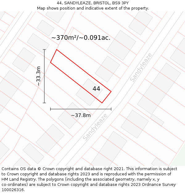 44, SANDYLEAZE, BRISTOL, BS9 3PY: Plot and title map