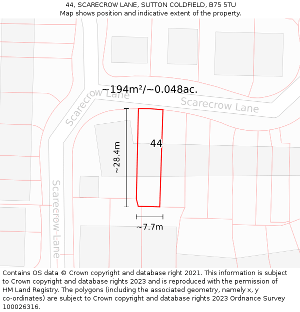 44, SCARECROW LANE, SUTTON COLDFIELD, B75 5TU: Plot and title map