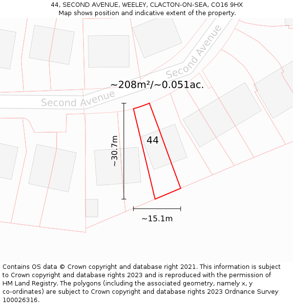 44, SECOND AVENUE, WEELEY, CLACTON-ON-SEA, CO16 9HX: Plot and title map