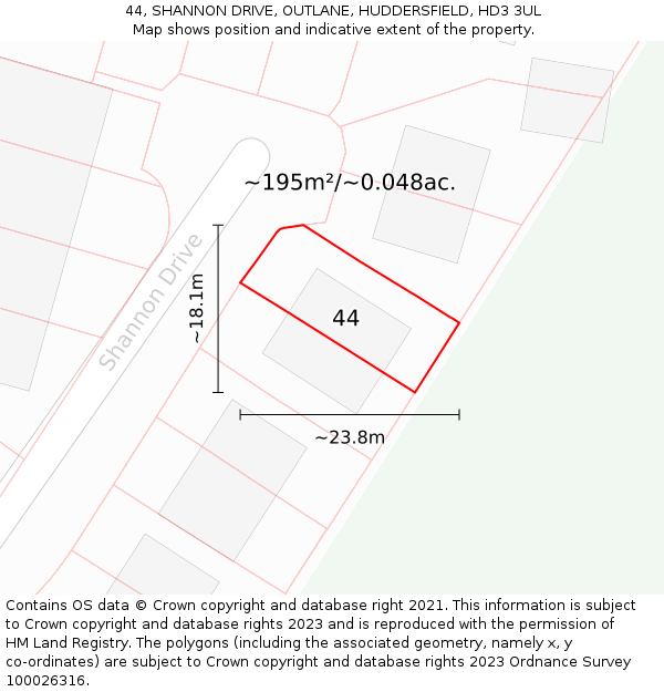 44, SHANNON DRIVE, OUTLANE, HUDDERSFIELD, HD3 3UL: Plot and title map