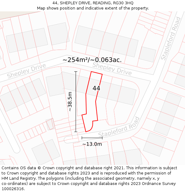 44, SHEPLEY DRIVE, READING, RG30 3HQ: Plot and title map