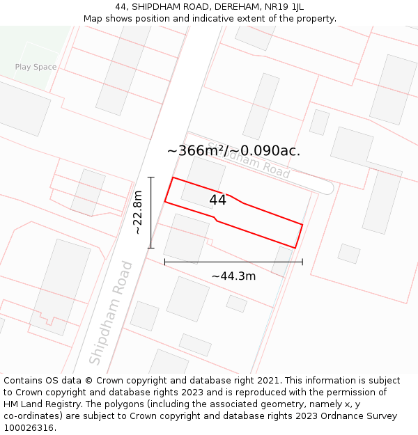 44, SHIPDHAM ROAD, DEREHAM, NR19 1JL: Plot and title map