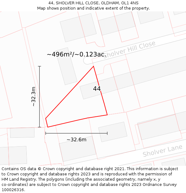 44, SHOLVER HILL CLOSE, OLDHAM, OL1 4NS: Plot and title map