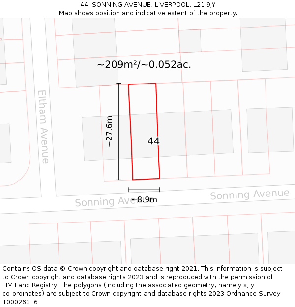 44, SONNING AVENUE, LIVERPOOL, L21 9JY: Plot and title map