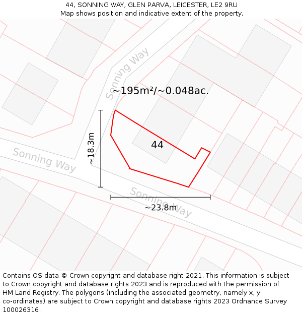44, SONNING WAY, GLEN PARVA, LEICESTER, LE2 9RU: Plot and title map