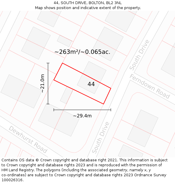 44, SOUTH DRIVE, BOLTON, BL2 3NL: Plot and title map