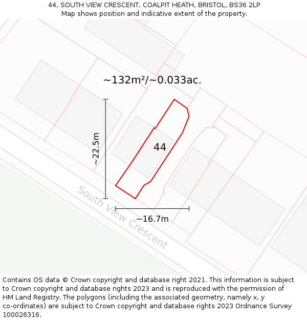 44, SOUTH VIEW CRESCENT, COALPIT HEATH, BRISTOL, BS36 2LP: Plot and title map
