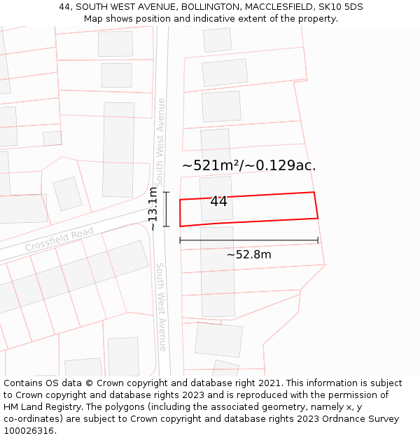 44, SOUTH WEST AVENUE, BOLLINGTON, MACCLESFIELD, SK10 5DS: Plot and title map