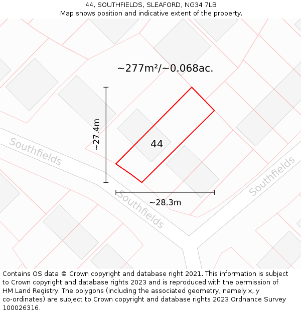 44, SOUTHFIELDS, SLEAFORD, NG34 7LB: Plot and title map