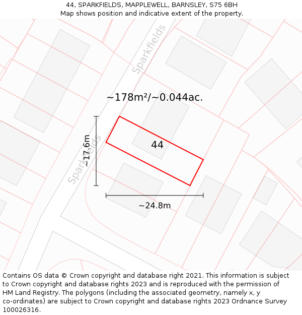44, SPARKFIELDS, MAPPLEWELL, BARNSLEY, S75 6BH: Plot and title map